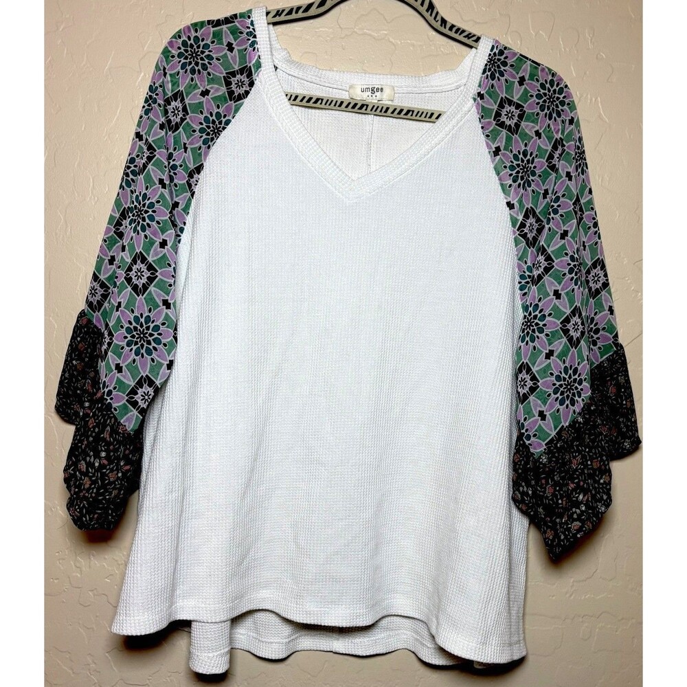 Umgee Womens L White Waffle Knit Top Floral Balloon Sleeves V Neck Boho